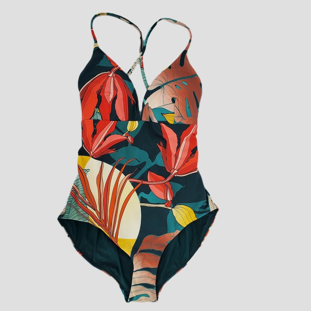 Calia Womens 4 One Piece Triangle Strappy Swimsuit Tie Back Tropical Floral‎
